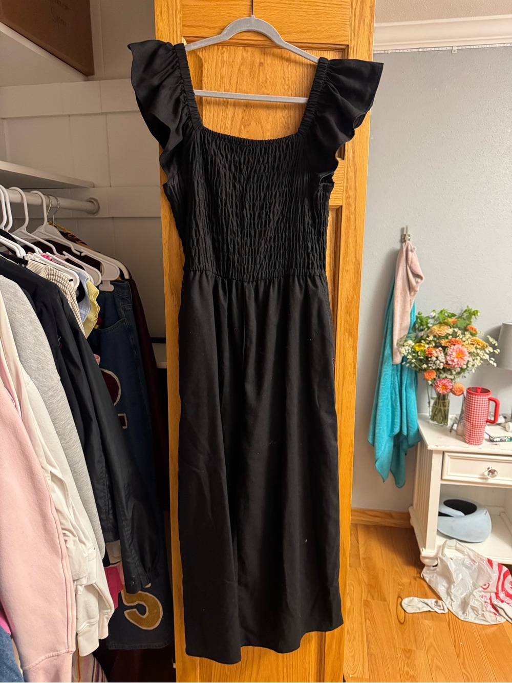 Black Smocked Midi Romper with Flutter Sleeves